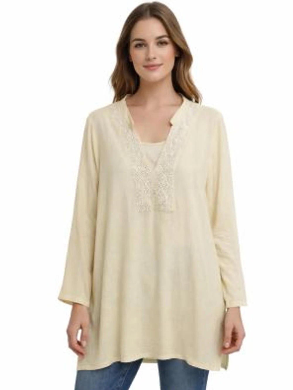 Chico's Cream Embroidered V-Neck Long-Sleeve Tunic